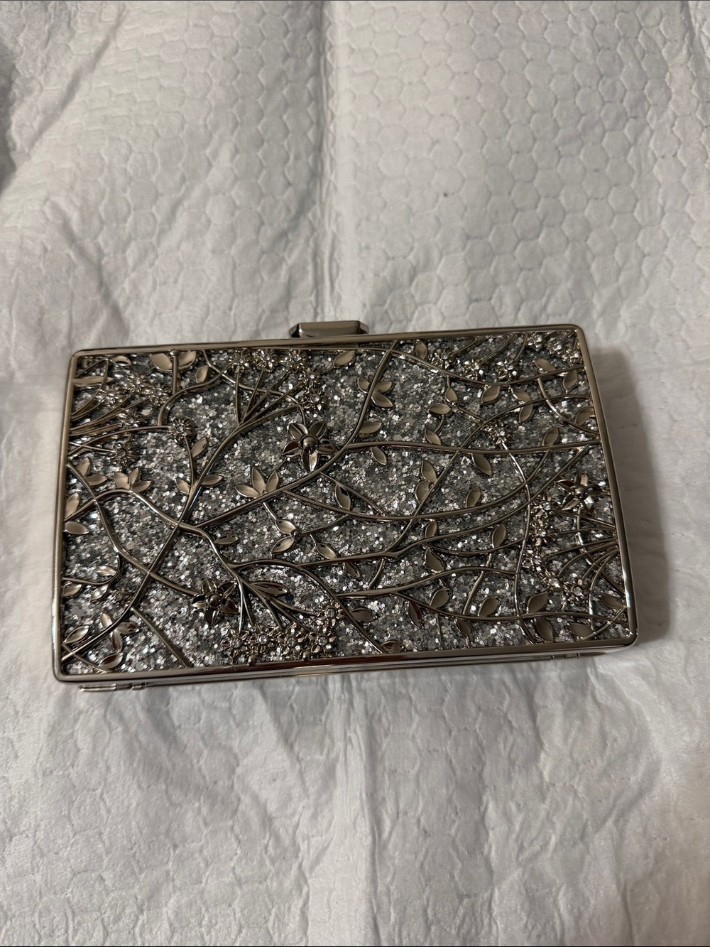 Crystal-Embellished Silver Floral Clutch